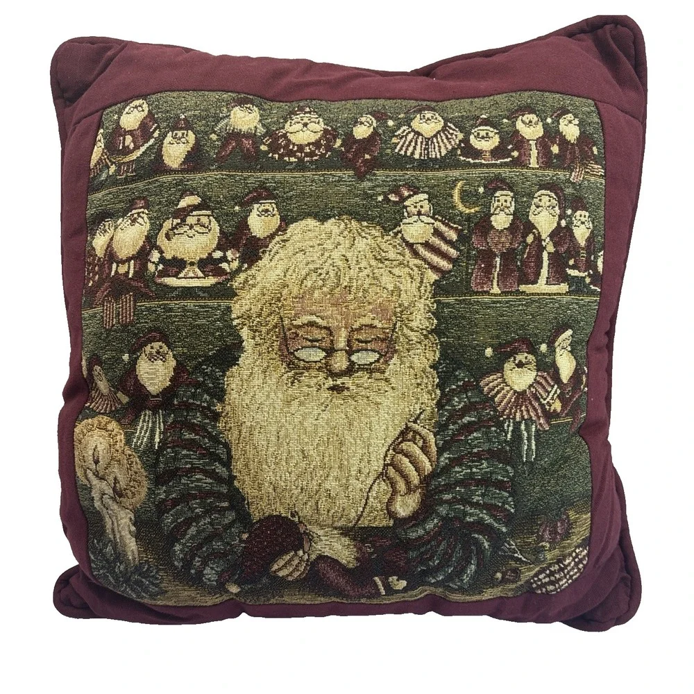 Vtg Holiday Tapestry Throw Pillow Christmas Decorations Santa Dolls Workshop 16